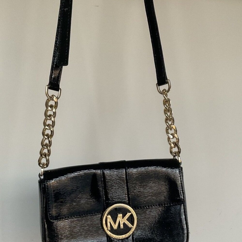 Michael Kors Saffiano Patent Leather Crossbody Bag - Black with Gold Chain
